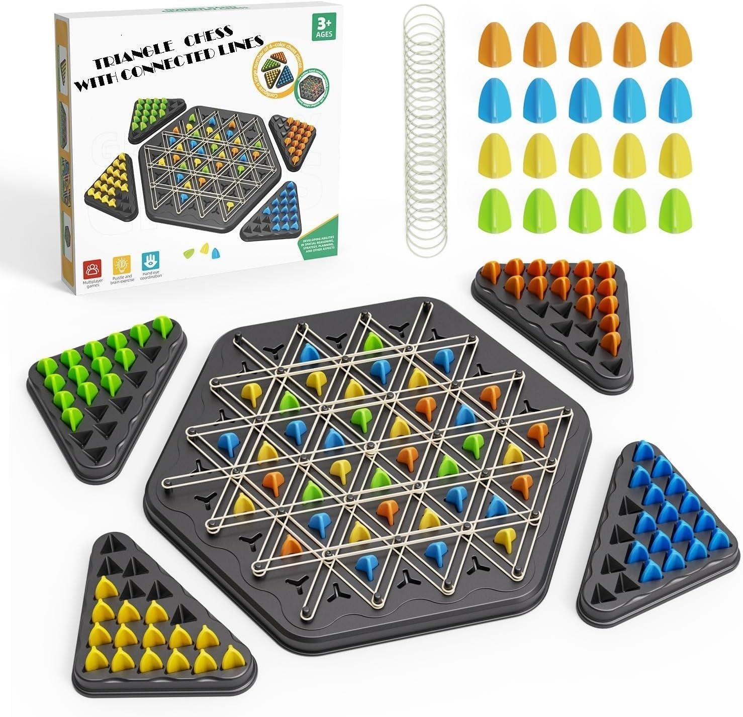 Chain Triangle Chess Game, Strategic Board Game with Rubber Bands, 2-4 Players, Interactive Brain Teaser Puzzle Set for Kids & Adults