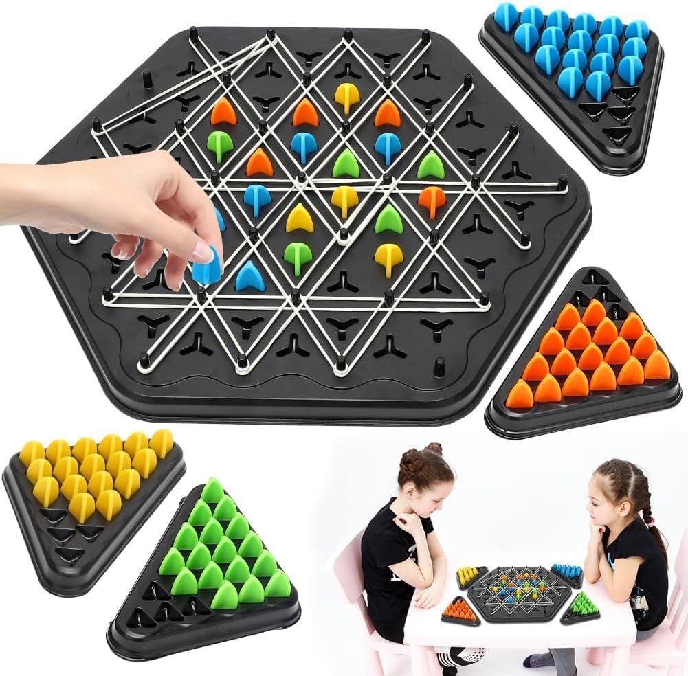 Chain Triangle Chess Game, Strategic Board Game with Rubber Bands, 2-4 Players, Interactive Brain Teaser Puzzle Set for Kids & Adults