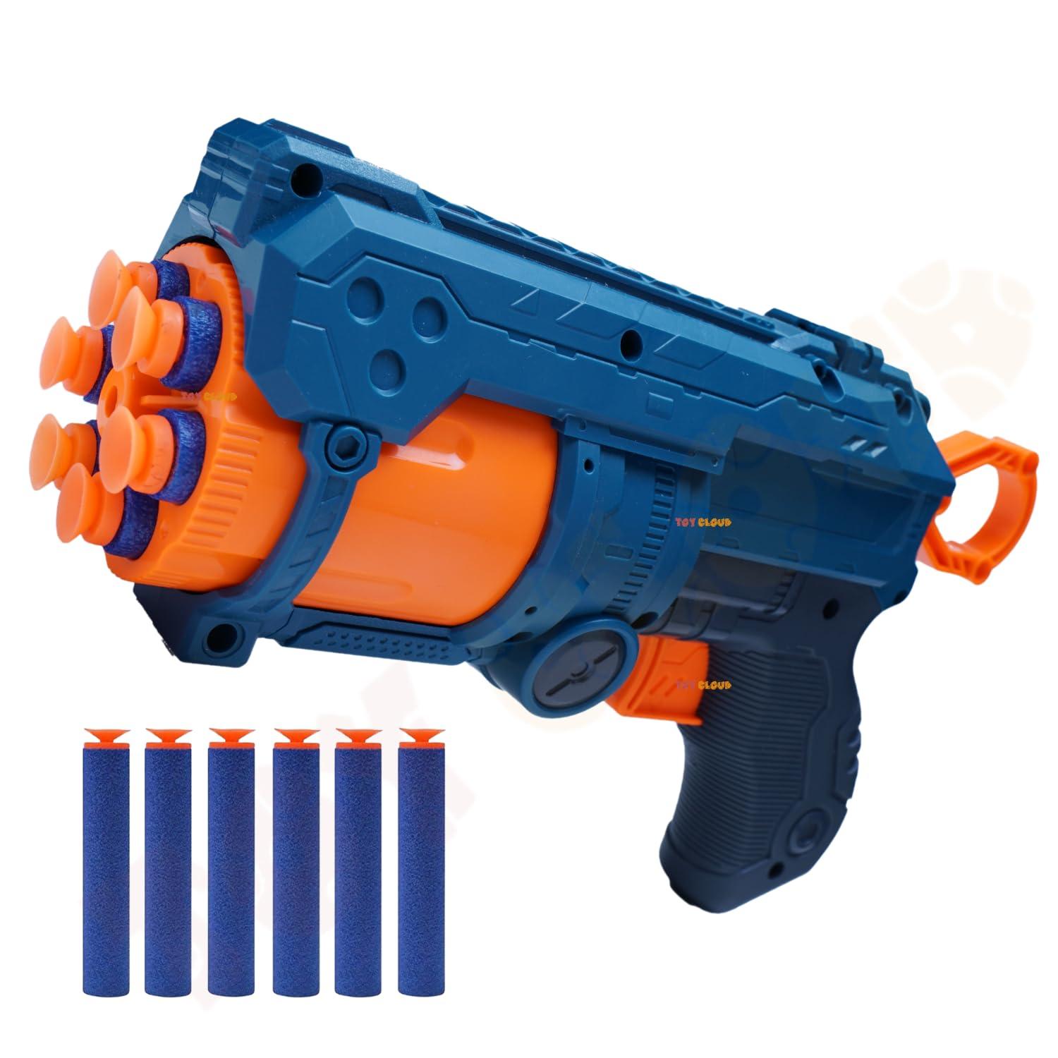 Attacker Foam Dart Blaster, Automatic 6-Dart Rotating Barrel, Toy Gun with 6 Foam Bullets, Blue and Orange for Rapid Fire Guns for Boys 7-14 Years