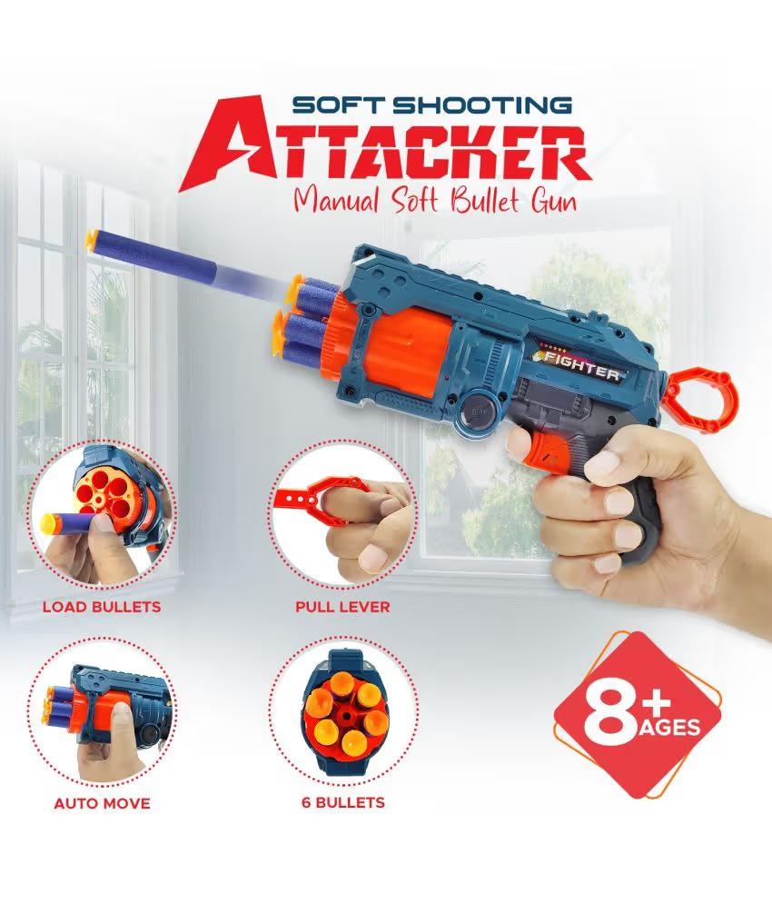 Attacker Foam Dart Blaster, Automatic 6-Dart Rotating Barrel, Toy Gun with 6 Foam Bullets, Blue and Orange for Rapid Fire Guns for Boys 7-14 Years