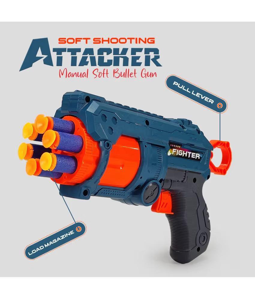 Attacker Foam Dart Blaster, Automatic 6-Dart Rotating Barrel, Toy Gun with 6 Foam Bullets, Blue and Orange for Rapid Fire Guns for Boys 7-14 Years