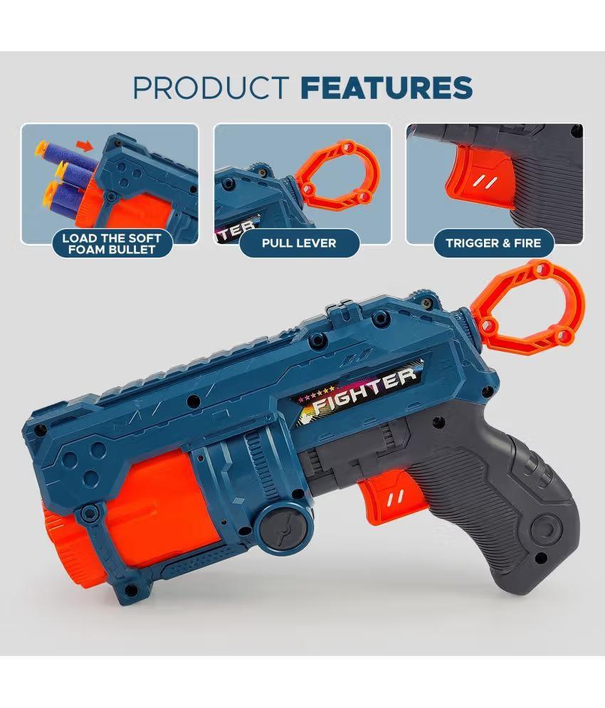Attacker Foam Dart Blaster, Automatic 6-Dart Rotating Barrel, Toy Gun with 6 Foam Bullets, Blue and Orange for Rapid Fire Guns for Boys 7-14 Years