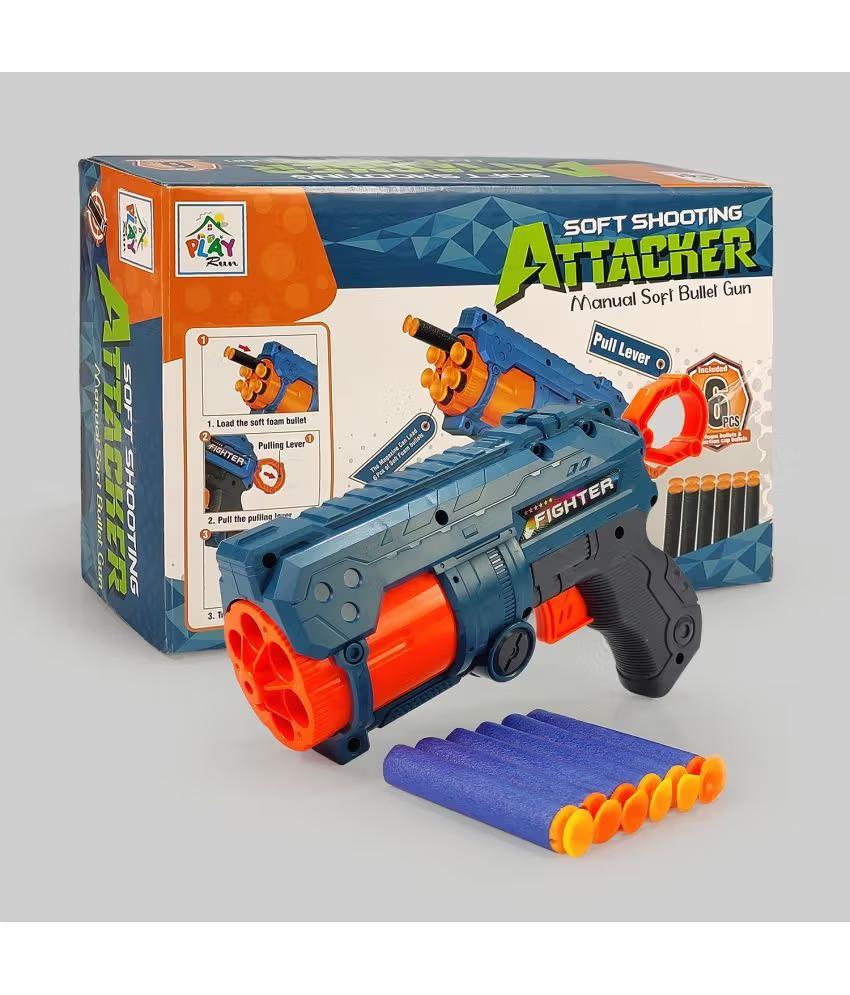 Attacker Foam Dart Blaster, Automatic 6-Dart Rotating Barrel, Toy Gun with 6 Foam Bullets, Blue and Orange for Rapid Fire Guns for Boys 7-14 Years