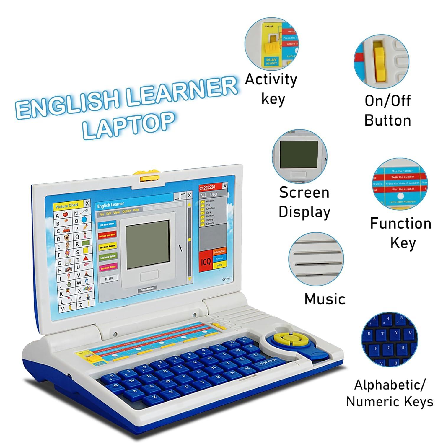 Educational Laptop Computer Toy for Kids with Mouse - 20 Activities English Learner Notebook with Games - Learn Alphabets, Words, Numbers and Music - Color As Per Stock